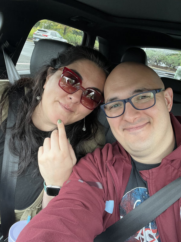 My wife and I, in the car.