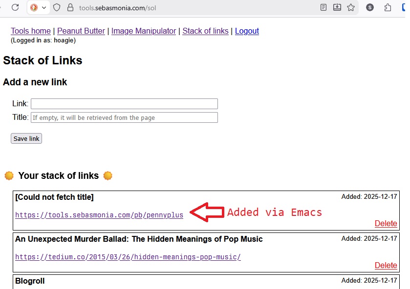Screenshot of the stack of links website.
