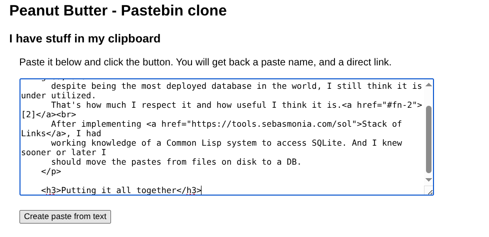 Screenshot of a tool to save plain text online.