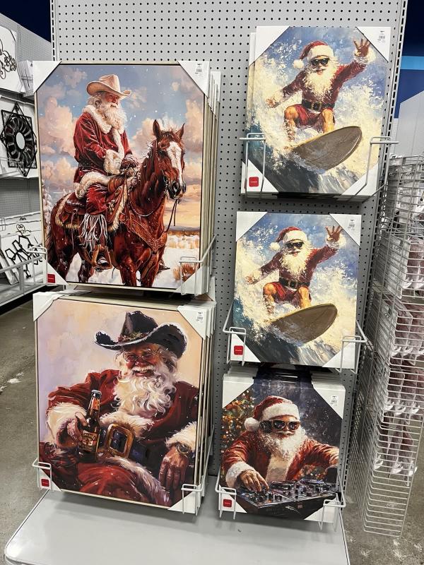 Mass-produced paintings of Santa, surfing and riding a horse.