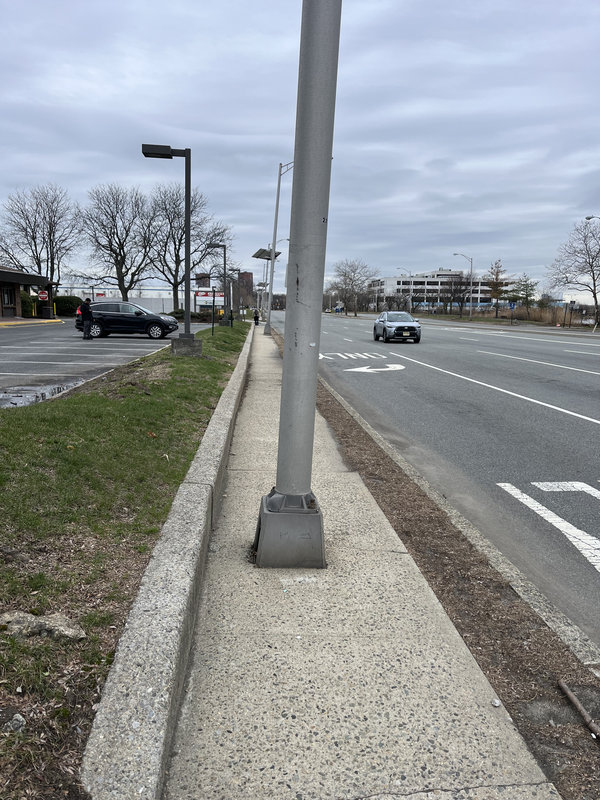 A sidewalk, with a street light pole right in the middle.
