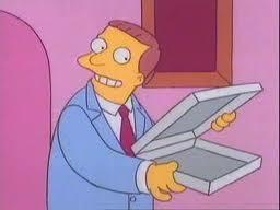 Simpsons episode screenshot, lawyer Lionel Hutz shows an empty pizza box.